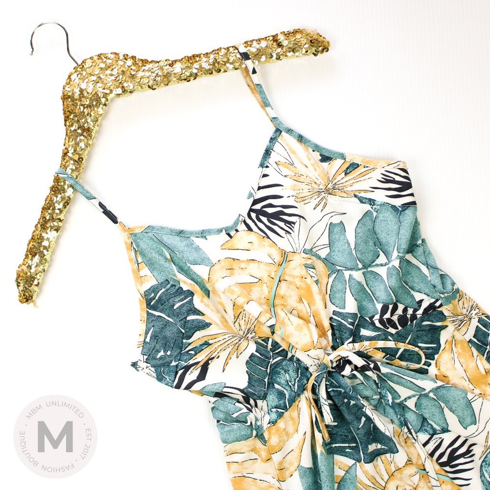 White Green Tropical Print Ruffle High Low Dress - Picture 4 of 9